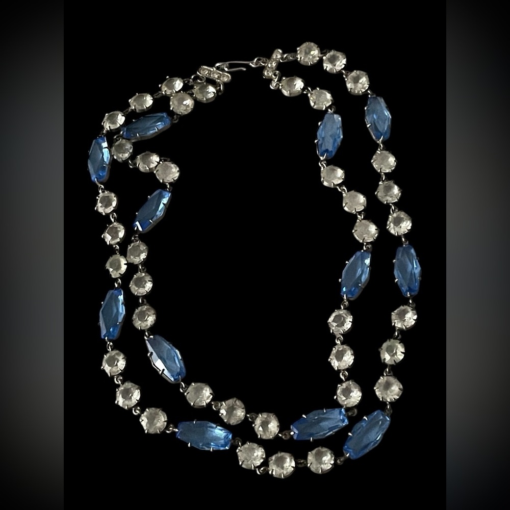 Vintage Art Deco Czech Bohemian Blue &  Crystal Necklace Rhinestone Clasp 16”